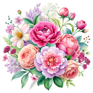 watercolor image . tickle me pink Peonies , fuchsia daffodil ,pale pink roses ,magenta Damarions,thulian pink Common Crape Myrtle , punch pink Ranunculus viburnum ,salmon pink wax flower ,pink dandelion ,creamy sweet William , misty rose pink yarrow, china rose pink Snowdrop ,taffy pink Watsonia ,coral pink tritoma ,lavender blush viburnum ,french rose pink wax flower , doll pink dandelion ,flamingo pink geranium , baby pink geranium, violets , a blue Chineese traditional motiffs decorated Vase 