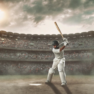 Virat Kohli, Indian cricketer, in an intense batting stance. Crowded stadium with vibrant crowd