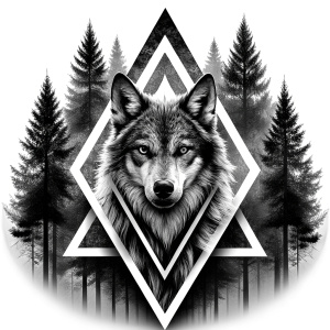 valknut runes pattern geometric symbols - wolf and trees - tattoo design - perfect realistic art - high-definition - grey and black - white background 