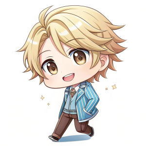 Digital illustration in 3D style of Yoosung Kim from Mystic Messenger as a chibi character. Light complexion, soft tousled blonde hair, cheerful expression, wearing a blue striped jacket and brown pants, relaxed and friendly pose. White background.