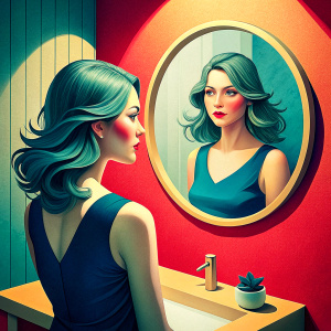 a women admires herself in the mirror