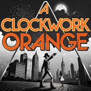 Movie poster for 'A Clockwork Orange'. High contrast black and white theme with splashes of neon orange. Modern graffiti style typography and urban landscape illustrations