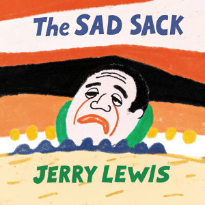 Jerry Lewis starring in 'The Sad Sack'. Vibrant movie poster with bold comic-style artwork. Orange and black hues dominate the scene. Large, humorous depiction of Jerry's face in exaggerated pose.