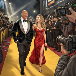 Dwayne Johnson and Ella Loudon at the 'Black Adam' premiere. Red carpet event with flashing cameras.