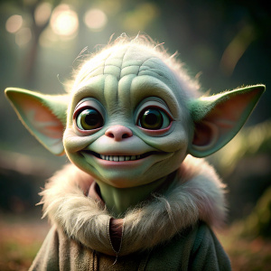 Cute little Yoda with white teeth is smiling