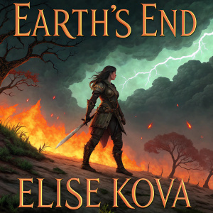 Book Cover for 'Earth's End' by Elise Kova. Fantasy artwork depicting a fierce female warrior amidst an apocalyptic, fiery landscape. Title and series name prominently displayed. Color scheme includes vivid oranges, deep greens, and dark tones.
