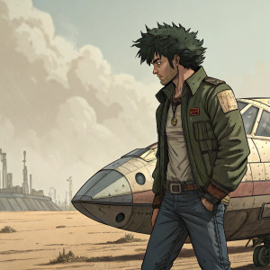 Jet Black, from Cowboy Bebop, with a rugged appearance. Green spiky hair. Determined look. Outdoor setting, near a vintage spacecraft.