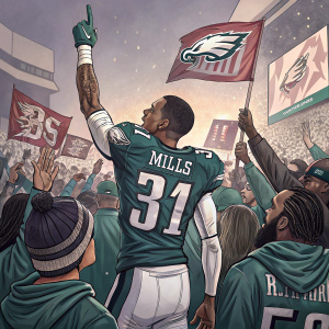 Jalen Mills, wearing number 31 jersey, celebrates with teammates. Crowded arena, filled with cheering fans and waving banners