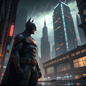 High-definition render of Batman Beyond. Dark, futuristic cityscape background. Dynamic lighting and shadows. Focused gaze.