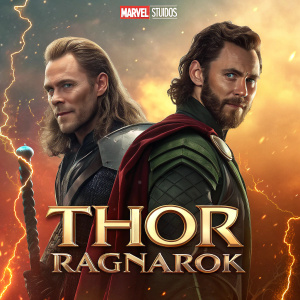 Movie poster for 'Thor: Ragnarok'. Chris Hemsworth as Thor and Tom Hiddleston as Loki. Fiery background with dynamic visuals. Prominent Marvel Studios logo.