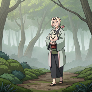 Tsunade Senju, a powerful female character from the anime Naruto Shippuden, standing in a forest clearing. Wearing traditional Japanese attire, she confidently holds a small pig-like creature named Shizuka.