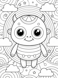 coloring page for kids, A  Cyclops mythical creature, kawaii style with kawaii background decoration,  bold black line art