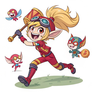 Digital art showcasing a playful and vibrant fan-made Poppy skin for League of Legends. The illustration features Poppy in dynamic poses and actions like superhero recall, craggle nega punch, and craggle dance, all in a cartoonish and colorful style.