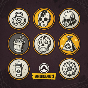 Concept art for Borderlands 3 icons. Dark background, black and white, bold lines, cartoonish style. Each icon uniquely shaped, simple, with the Borderlands 3 logo at the bottom.