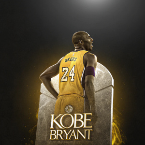Kobe Bryant's memorial artwork. Golden Lakers jersey, robust build. Dark background with accolades in silver text.