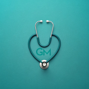 Crea un estetoscopio MINIMALISTA, tiene que tener un fondo el cual refleje limpieza y salud como el turqueza. eL LOGO DEBE TENER LAS LETRAS GM dentro del estetoscopio