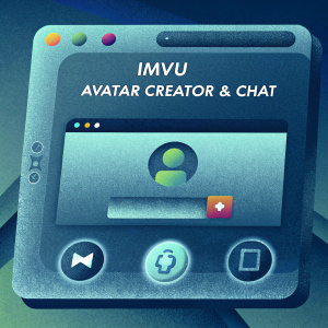 Screenshot of the IMVU Avatar Creator & Chat app. Dark purple background, app logo, and various app features showcased