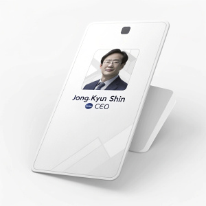 Jong-Kyun Shin's sleek Samsung business card. Features CEO portrait and essential contact info. Concealed digital portal on reverse. Minimalist design prioritizes functionality. White background highlights Samsung's understated palette. Secret entry to virtual worlds concealed