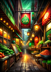 salsa soja cayendo sobre rotulos publicitarios en fachada bangkok mercado en la calle fondo negro