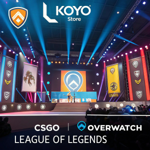 Koyo Store's promotional image featuring CSGO, Overwatch, and League of Legends logos. Esports award ceremony backdrop.
