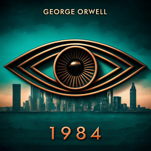 Book cover for George Orwell's '1984'. Eye-like structure with cityscape in background. Dark tones, modern design.
