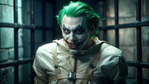 handsome green hair joker 	straitjacket in the dark prison











