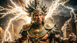 DIOS INCA DEL RAYO, IMPRESIONANTE, FANTASIA, MITOLOGIA INCA, LATINO, TRAJE TIPICO ANTIGUO, LUCHANDO CONTRA PACHAMAMA
