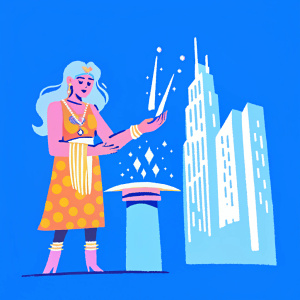 Maai The Lorican Illusionist, a female figure with pale skin and striking gray hair, performing a magic trick. She wears a vibrant orange dress adorned with gold accessories. The setting is a futuristic cityscape with glowing neon lights and towering skyscrapers.