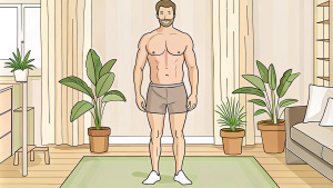 A man wearing only shorts, shirtless, 45 degree angle view, white background