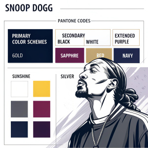 Illustration showcasing the official color palette for Snoop Dogg's brand. Includes Pantone codes and descriptions for primary, secondary, and extended color schemes. Black, white, purple, gold, sapphire, red, navy, sunshine, silver. Organized for easy reference in branding and design projects.