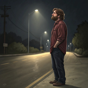 Zach Galifianakis in a casual maroon shirt and dark jeans, standing alone on a deserted street at night.