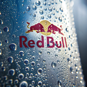 Highly detailed macro image of Red Bull logo on glass. Blue logo, stylized bull graphic. Background filled with small bubbles creating a shimmering effect