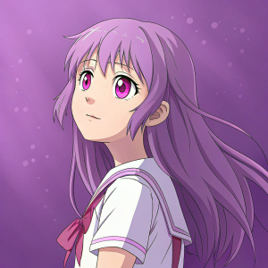 Meii Yuno, a young girl with long violet hair and bright pink eyes, stands against a vivid purple backdrop. She looks charming and youthful.