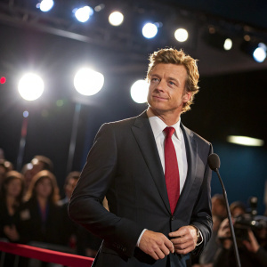 Simon Baker at a press conference. Dark suit and red tie. Bright lights and blurry audience in the background.
