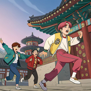 Korean animation scene featuring K-pop idols in a dynamic action sequence, colorful expressions, detailed background.