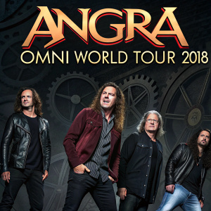 Promotional flyer for Angra's OMNI World Tour 2018. Featuring the band members in various poses against a dark, detailed backdrop. Tour cities and dates prominently displayed.