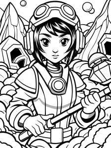 black and white digital art, kawaii anime style cyberpunk  – human adult, mining action pose outdoors, realistic, outlined art, line art, adult coloring book no border, many details at the background,
