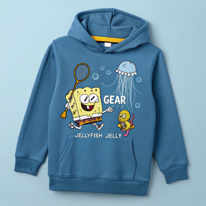 Illustration of SpongeBob SquarePants holding a fishing net, alongside a jellyfish named Jellyfish Jelly. Featured on a blue children's hoodie with the brand 'Kidz Gear' at the neckline.
