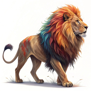 Digital art of a majestic lion-human hybrid. Various dynamic poses, detailed fur, muscular build, and a long, fluffy tail. Rendered in vibrant colors.