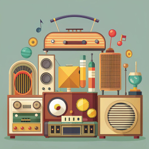 A vintage cover with old radios, jukeboxes, and classic instruments.

Flat design. Vector. Minimalistic.
