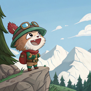 Teemo, from the game League of Legends, animated and playful, stands on a rocky cliffside. Snow-capped mountains and a serene blue sky in the background.