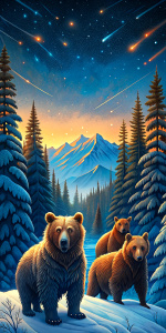 several grizzlies in the winter at midnight