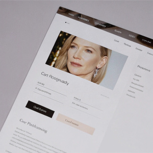Homepage of Cate Blanchett's official website. Dark theme, biography section, filmography, awards, close-up portrait