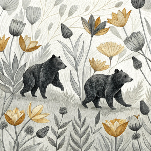 illustration of a couple of bears in love walking in the flowers,in flat style, ui illustration, minimalism, white and black