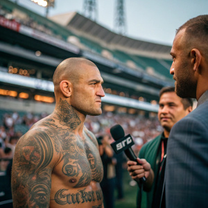 Dustin Poirier, a tattooed, bald UFC fighter, engaging in an interview with Jon Anik. Eddie Alvarez stands in the background, paying close attention. The setting is an outdoor stadium with fans in the stands.