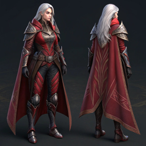 In-game screenshot of a Dragon Nest character. Female character with long silver hair, red armor, and a flowing cloak. Varied poses. Dark background, detailed art style.
