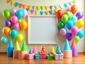 Party festive birthday photo zone with colorful balloons and hearts. copy space for text