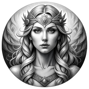 Frigg - Nordic Goddess perfect realistic art, high-definition grey and black, white background tattoo design