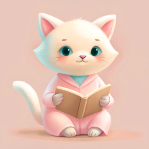 A cute little white Scottish cat with light pink cheeks. Wear pink pajamas, reading a book