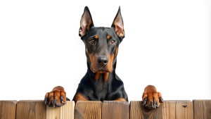 Doberman Pinscher with paws on wooden fence isolated on white background